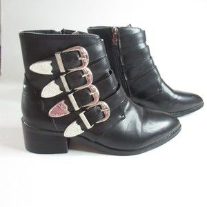 Women's Ankle Boots Black Buckle Pointed Toe Block Heel Zip 7